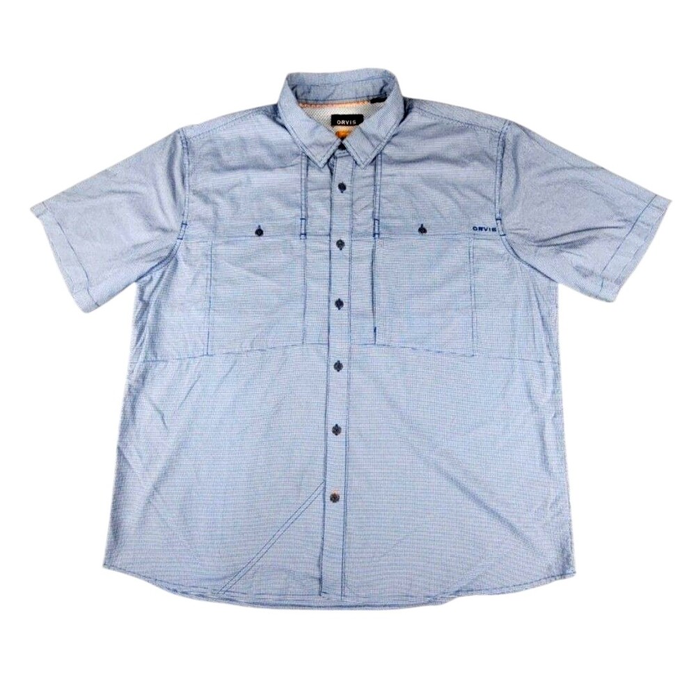 Orvis Shirt Mens XL Blue Check Short Sleeve Button Up Active Fit Fishing Outdoor
